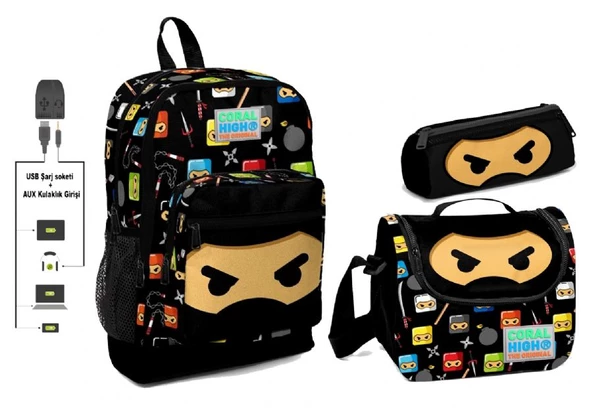 Coral High USB ve AUX Çıkışlı Okul Çanta Seti - Erkek Çocuk - Siyah Ninja Desenli ürün görseli 1