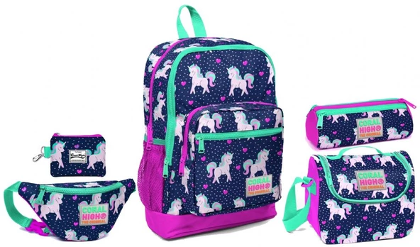 Coral High Pembe Unicorn Desenli Okul ve Günlük Çanta Seti - Kız Çocuk ürün görseli 1