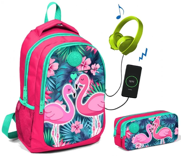 Coral High Pembe/Yeşil Flamingolar Baskılı Okul Çanta Seti - Kız Çocuk ürün görseli 1