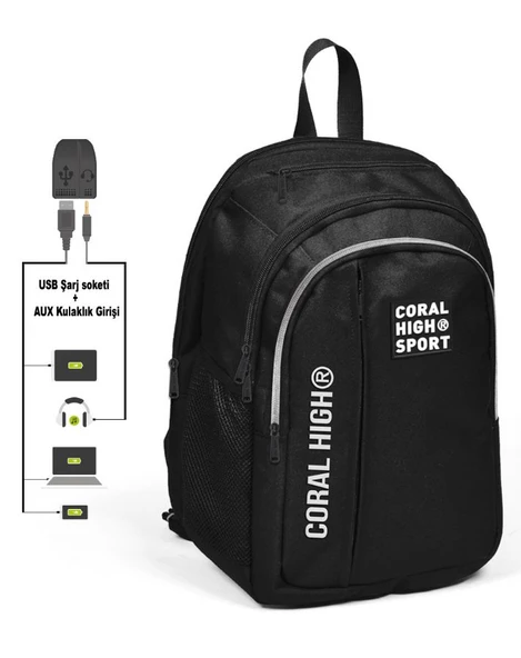 Coral High Sport Beş Gözlü Siyah Okul ve Günlük Sırt Çantası - Laptop+Tablet Bölmeli ürün görseli 1