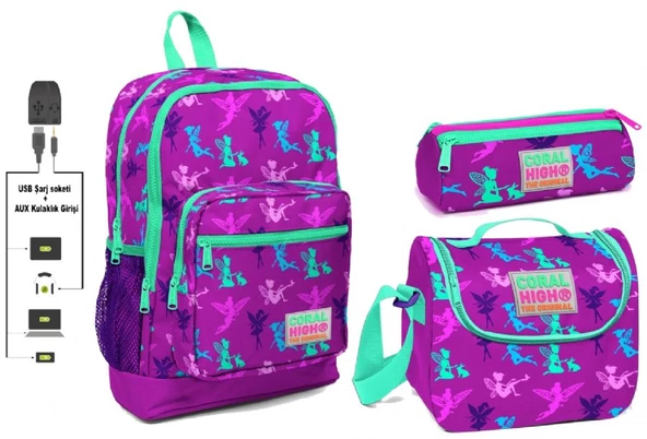 Coral High USB ve AUX Çıkışlı Okul Çanta Seti - Kız Çocuk - Peri Desenli ürün görseli 1