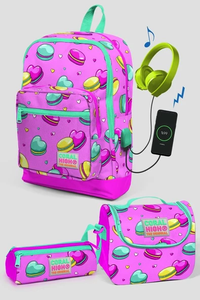 Coral High Pembe Makaron Desenli Okul Çanta Seti - Kız Çocuk ürün görseli 1