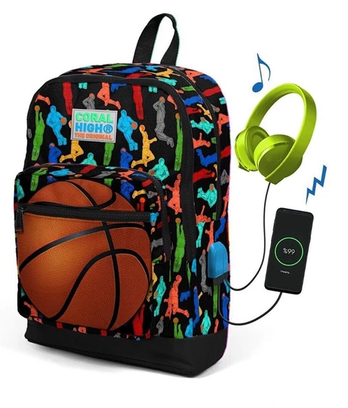 Coral High Erkek Çocuk Siyah Basketbol Toplu Usb Şarjlı Kulaklık Çıkışlı Okul Sırt Çantası 23281 ürün görseli 1