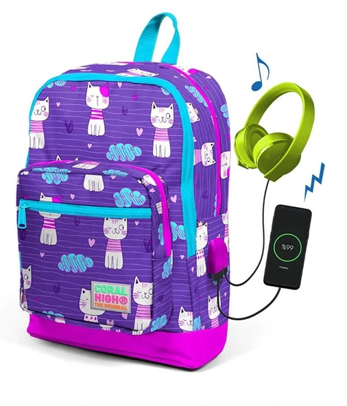 Coral High Kids Mor Kedi Desenli Dört Bölmeli Usb Şarjlı Kulaklık Çıkışlı Okul Sırt Çantası 23264 ürün görseli 1