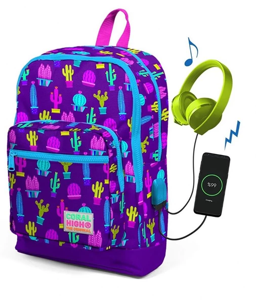 Coral High Kids Dört Gözlü Kız Çocuk Kaktüs Desenli İlkokul Çantası - USB+AUX Soketli ürün görseli 1