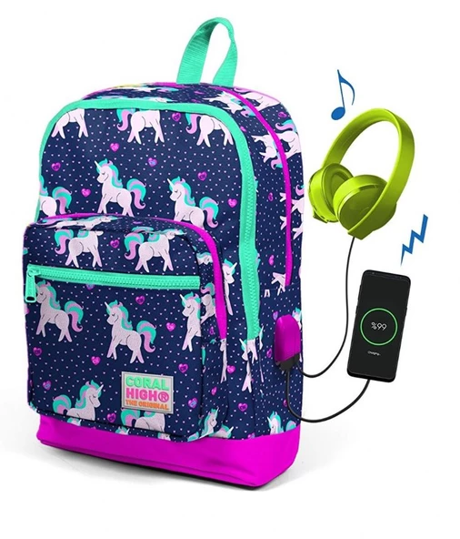 Coral High Çocuk Lacivert Unicorn Usb Şarjlı Kulaklık Çıkışlı Okul Sırt Çantası ürün görseli 1