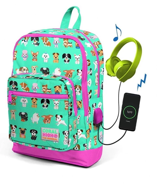 Coral High Kadın Su Yeşili Köpek Desenli Usb Şarjlı Kulaklık Çıkışlı Okul Sırt Çantası 23266 ürün görseli 1