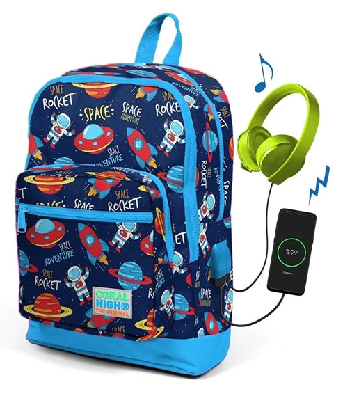 Coral High Kids Lacivert Uzay Desenli Usb Şarjlı Kulaklık Çıkışlı Okul Sırt Çantası 23280 ürün görseli 1