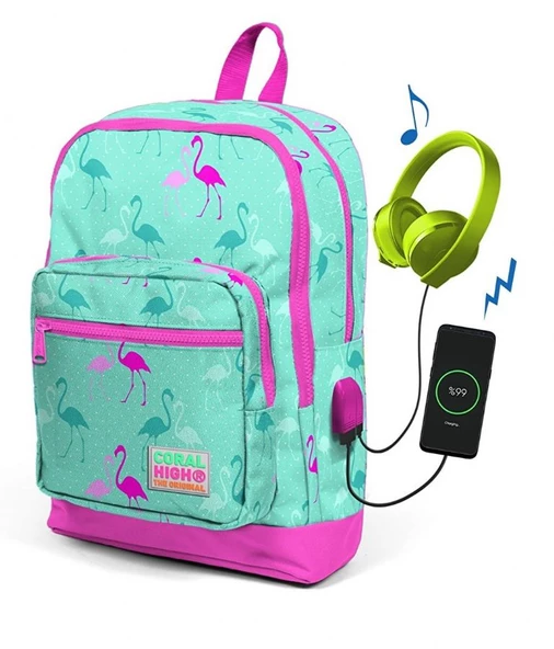 Coral High Kids Su Yeşili Flamingo Desenli Usb Şarjlı Kulaklık Çıkışlı Okul Sırt Çantası 23275 ürün görseli 1
