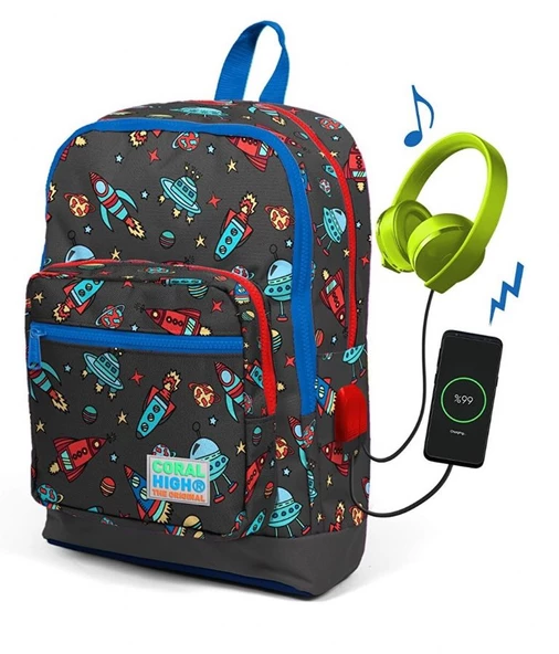 Coral High Gri Uzay Desenli Usb Şarjlı Kulaklık Çıkışlı Okul Sırt Çantası 23279 ürün görseli 1