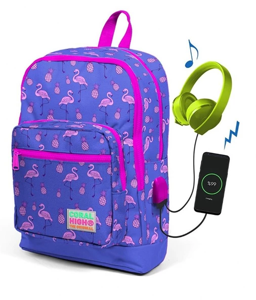 Coral High Kids Lavanta Flamingo Desenli Usb Şarjlı Kulaklık Çıkışlı Okul Sırt Çantası 23276 ürün görseli 1