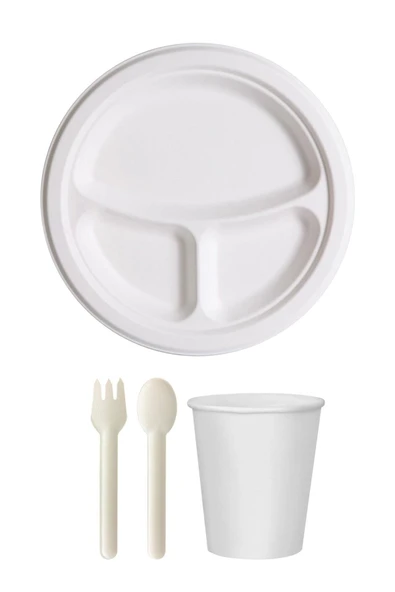 Ekolojik 26 Cm. 3 Bölmeli 72 Kişilik Parti Piknik Sofra Sunum Seti -Tabak Bardak Çatal Kaşık Takımı ürün görseli 1