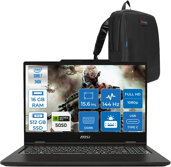 Msı Venture Pro 15 Intel Core 7 240H 16GB Ddr5 512GB SSD 8GB/RTX5050/45W 15.6" Fhd 144Hz IPS Windows 11 Pro Taşınabilir Bilgisayar A2RWEG50H01 + Zettaçanta ürün görseli 1