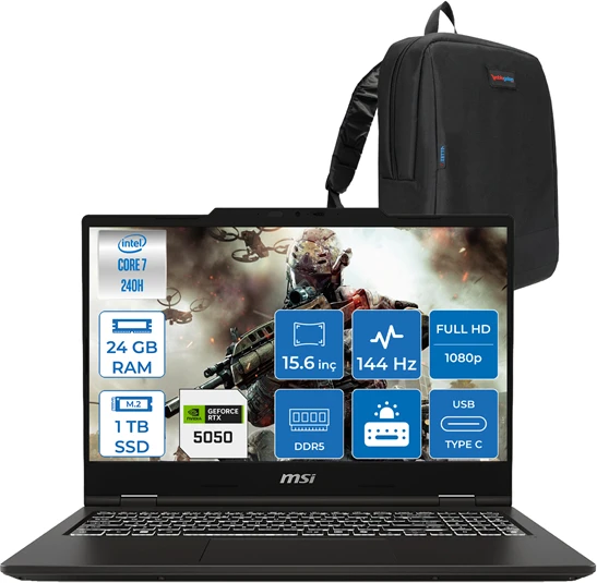 Msı Venture Pro 15 Intel Core 7 240H 24GB Ddr5 1tb SSD 8GB/RTX5050/45W 15.6" Fhd 144Hz IPS Freedos Taşınabilir Bilgisayar A2RWEG50F06 + Zettaçanta ürün görseli 1