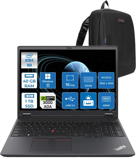 Lenovo Mws P16V V2 G5 Ultra 9 Vpro 185H 40GB Ddr5 1tb SSD 8GB/RTXA3000 16" Wuxga IPS 300NITS Windows 11 Pro Taşınabilir Bilgisayar 21KX001STXH14 + Zettaçanta ürün görseli 1