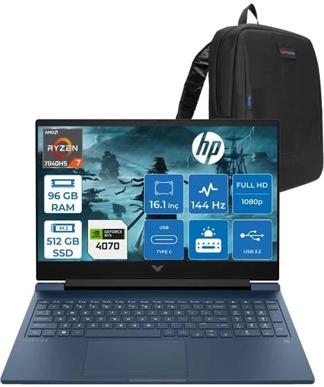 Victus 16-S0007NT Ryzen 7 7840HS 96GB Ddr5 512GB SSD 8GB/RTX4070/120W 16.1" 144Hz IPS Fhd Freedos Taşınabilir Bilgisayar HP7Z581EAF24 + Zettaçanta ürün görseli 1