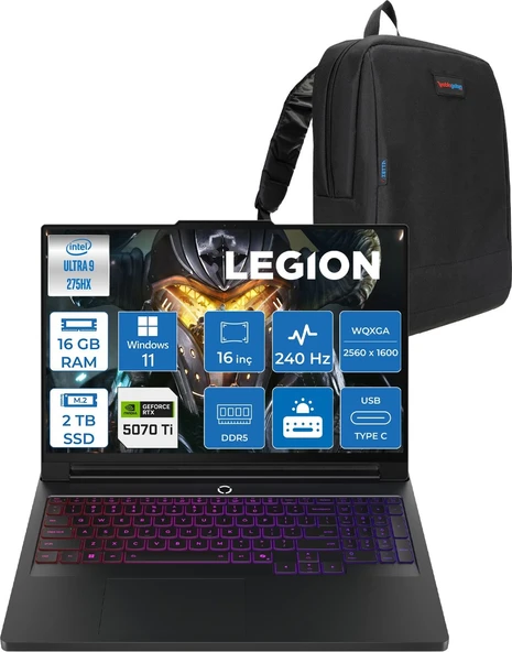 Lenovo Legion Pro 7 Intel Core Ultra 9 275HX 16GB Ddr5 2tb SSD Windows 11 Pro 12GB RTX5070TI 140W 16" Wqxga (2560X1600) OLED 500NITS 240HZ Taşınabilir Bilgisayar 83F5004QTRP04 + Zetta Çanta ürün görseli 1