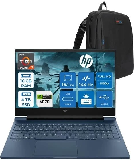Victus 16-S0007NT Ryzen 7 7840HS 16GB Ddr5 4tb SSD 8GB/RTX4070/120W 16.1" 144Hz IPS Fhd Windows 11 Home Taşınabilir Bilgisayar HP7Z581EAH03 + Zettaçanta ürün görseli 1