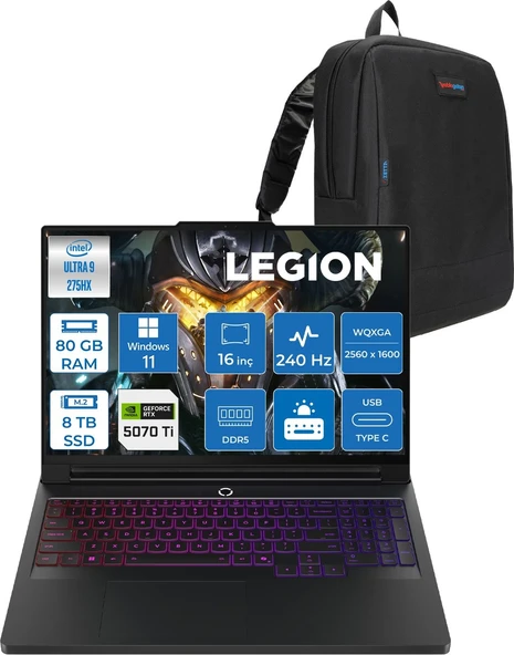 Lenovo Legion Pro 7 Intel Core Ultra 9 275HX 80GB Ddr5 8tb SSD Windows 11 Pro 12GB RTX5070TI 140W 16" Wqxga (2560X1600) OLED 500NITS 240HZ Taşınabilir Bilgisayar 83F5004QTRP49 + Zetta Çanta ürün görseli 1