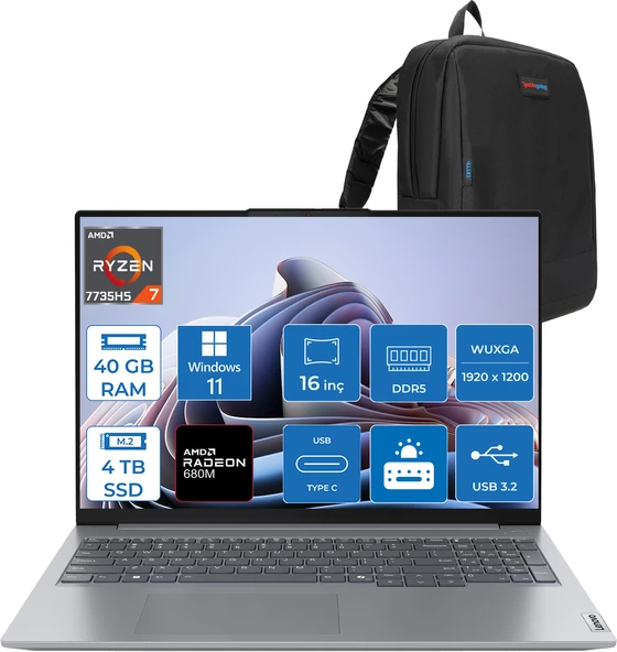 Lenovo Thinkbook 16 G7 Arp Amd Ryzen 7 7735HS 40GB Ddr5 4tb SSD Radeon 680M Graphics 16" Wuxga 300NITS IPS Windows 11 Pro Taşınabilir Bilgisayar 21MW002CTRP20 + Zetta Çanta ürün görseli 1