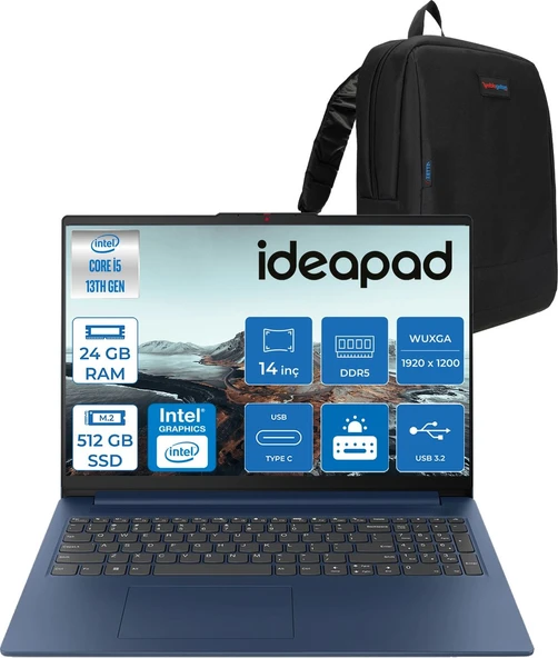 Lenovo Ideapad Slim 3 14IRH10 Intel Core I5 13420H 24GB 512GB SSD Freedos Taşınabilir Bilgisayar 14" Wuxga (1920X1200) IPS 300NITS Taşınabilir Bilgisayar 83K00027TRF10 + Zetta Çanta ürün görseli 1