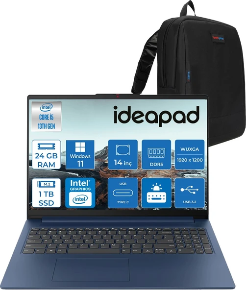 Lenovo Ideapad Slim 3 14IRH10 Intel Core I5 13420H 24GB 1tb SSD Windows 11 Home Taşınabilir Bilgisayar 14" Wuxga (1920X1200) IPS 300NITS Taşınabilir Bilgisayar 83K00027TRH11 + Zetta Çanta ürün görseli 1