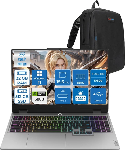Lenovo Loq Intel Core I7-13700HX 32GB Ddr5 512GB SSD 8GB/RTX5060 100W Gddr7 15.6" Fhd (1920X1080) IPS 300NITS 144Hz Gsynic Windows 11 Home Taşınabilir Bilgisayar83JE00LFTRH07+ZETTAÇANTA ürün görseli 1