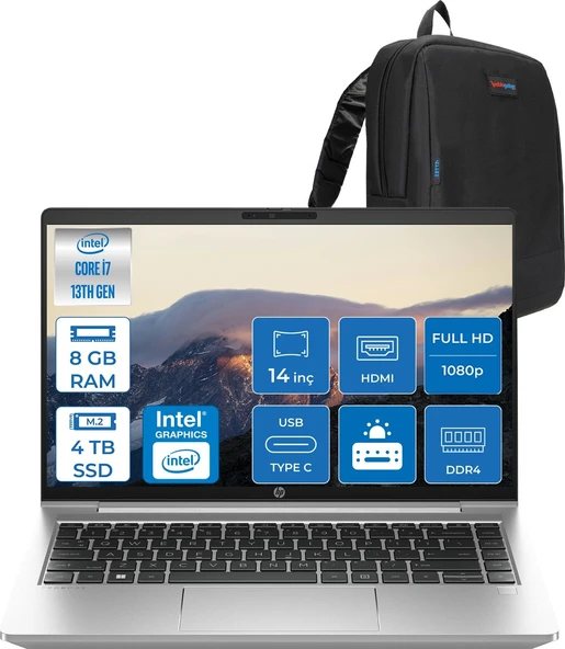 Hp Probook 440 G10 Intel Core I7 1355U 8gb 4tb SSD Iris® Xe Graphics Freedos 14" IPS Fullhd (1920X1080) 250NITS Taşınabilir Bilgisayar 968L9ETF05 + Zetta Çanta ürün görseli 1