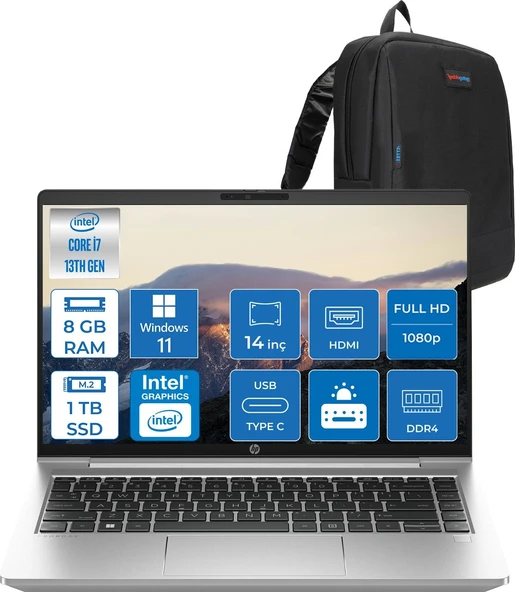 Hp Probook 440 G10 Intel Core I7 1355U 8gb 1tb SSD Iris® Xe Graphics Windows 11 Pro 14" IPS Fullhd (1920X1080) 250NITS Taşınabilir Bilgisayar 968L9ETP03 + Zetta Çanta ürün görseli 1