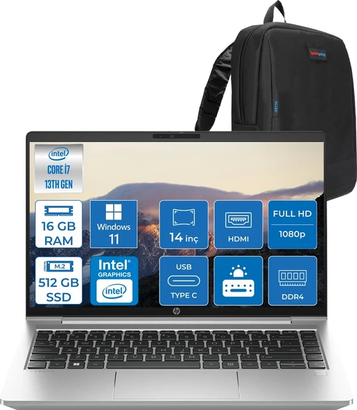 Hp Probook 440 G10 Intel Core I7 1355U 16GB 512GB SSD Iris® Xe Graphics Windows 11 Pro 14" IPS Fullhd (1920X1080) 250NITS Taşınabilir Bilgisayar 968L9ETP07 + Zetta Çanta ürün görseli 1