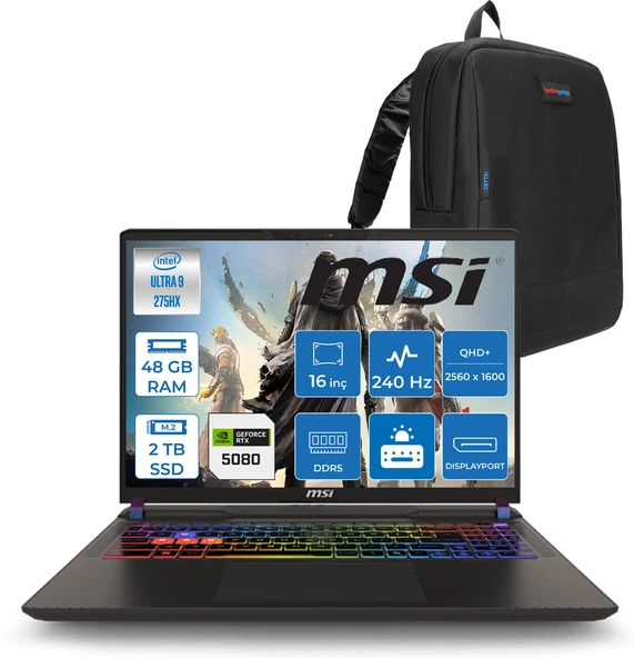 Msı Vector 16 Intel Core Ultra 9 275HX 48GB 2tb SSD RTX5080 16GB Tdp 175W Gddr7 Freedos 16" Qhd+ 240Hz Taşınabilir Bilgisayar A2XWIG090XTRF23 + Zetta Çanta ürün görseli 1