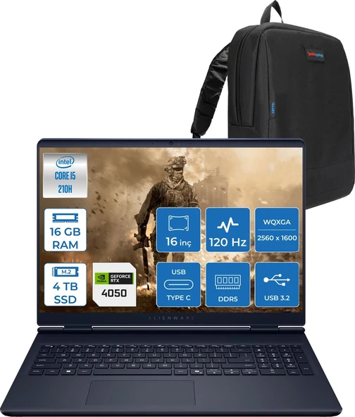 Dell Alienware 16 Aurora Intel Core 5 210H 16GB Ddr5 4tb SSD RTX4050 6gb 85W Freedos 16" WQXGA(2560X1600) 120Hz 300NITS Taşınabilir Bilgisayar AC16250F05 + Zetta Çanta ürün görseli 1