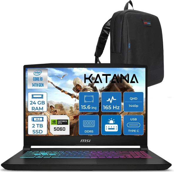Msı Katana 15 Hx Intel Core I9 14900HX 24GB Ddr5 2tb SSD Freedos RTX5060 8gb 115W 15.6" 2k QHD(2560X1440) 165Hz Taşınabilir Bilgisayar B14WFK450XTRF11 + Zetta Çanta ürün görseli 1