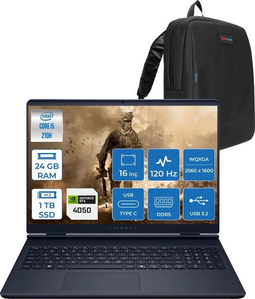 Dell Alienware 16 Aurora Intel Core 5 210H 24GB Ddr5 1tb SSD RTX4050 6gb 85W Freedos 16" WQXGA(2560X1600) 120Hz 300NITS Taşınabilir Bilgisayar AC16250F08 + Zetta Çanta ürün görseli 1