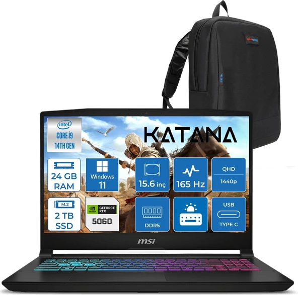 Msı Katana 15 Hx Intel Core I9 14900HX 24GB Ddr5 2tb SSD Windows 11 Home RTX5060 8gb 115W 15.6" 2k QHD(2560X1440) 165Hz Taşınabilir Bilgisayar B14WFK450XTRH11 + Zetta Çanta ürün görseli 1