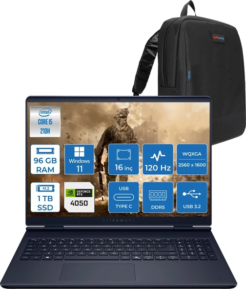 Dell Alienware 16 Aurora Intel Core 5 210H 96GB Ddr5 1tb SSD RTX4050 6gb 85W Windows 11 Home 16" WQXGA(2560X1600) 120Hz 300NITS Taşınabilir Bilgisayar AC16250H38 + Zetta Çanta ürün görseli 1