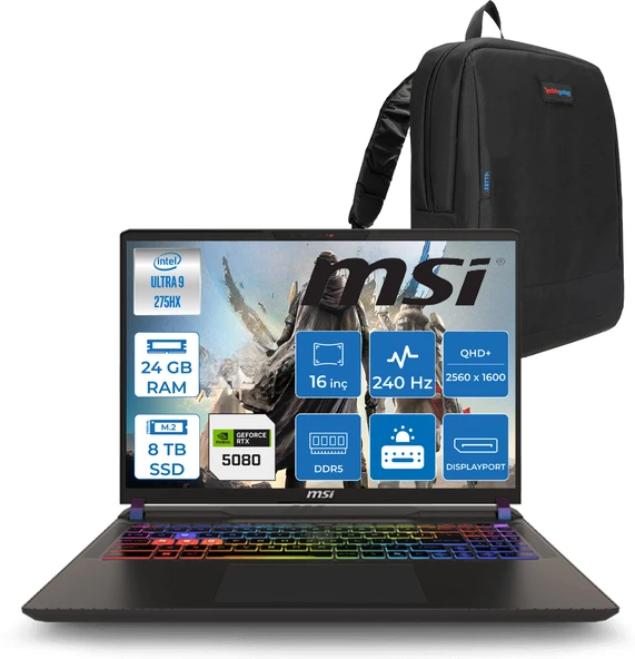 Msı Vector 16 Intel Core Ultra 9 275HX 24GB 4tb + 4tb SSD RTX5080 16GB Tdp 175W Gddr7 Freedos 16" Qhd+ 240Hz Taşınabilir Bilgisayar A2XWIG090XTRF10 + Zetta Çanta ürün görseli 1