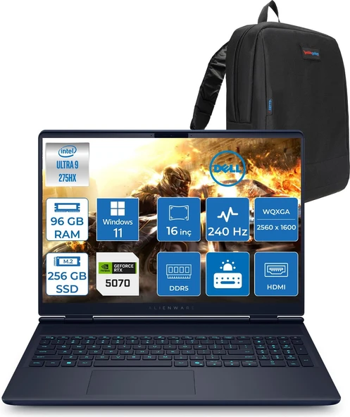 Dell Alienware 16X Aurora Intel Core Ultra 9 275HX 96GB Ddr5 256GB SSD Windows 11 Home 8gb RTX5070 16 Inç 2K(2560×1600) Wqxga 240Hz 3ms Wva Taşınabilir Bilgisayar AC16251CU932157WH50 + Zetta Çanta ürün görseli 1