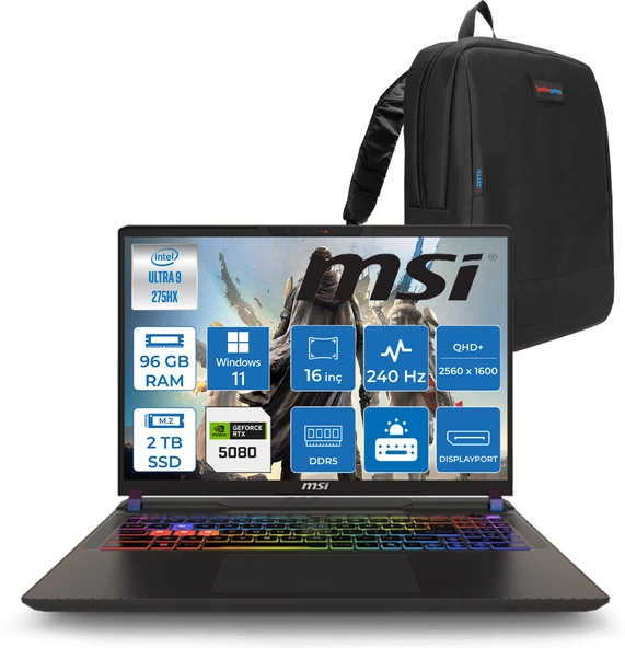 Msı Vector 16 Intel Core Ultra 9 275HX 96GB 2tb SSD RTX5080 16GB Tdp 175W Gddr7 Windows 11 Home 16" Qhd+ 240Hz Taşınabilir Bilgisayar A2XWIG090XTRH38 + Zetta Çanta ürün görseli 1