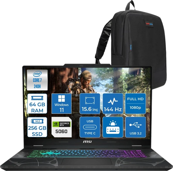 Msı Cyborg 15 Intel Core 7 240H 64GB Ddr5 256GB SSD RTX5060 Gddr7 8gb Windows 11 Home 15.6" Fhd (1920X1080) 144HZ Taşınabilir Bilgisayar B2RWFKG208XTRH26 + Zetta Çanta ürün görseli 1
