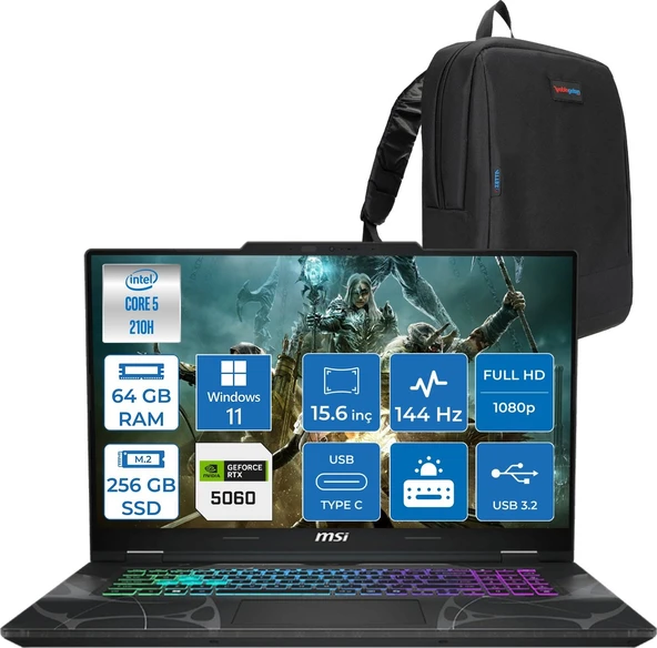Msı Cyborg 15 Intel Core 5 210H 64GB Ddr5 256GB SSD RTX5060 Gddr7 8gb Windows 11 Home 15.6" Fhd (1920X1080) 144HZ Taşınabilir Bilgisayar B2RWFKG207XTRH26 + Zetta Çanta ürün görseli 1
