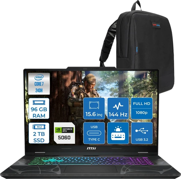 Msı Cyborg 15 Intel Core 7 240H 96GB Ddr5 2tb SSD RTX5060 Gddr7 8gb Freedos 15.6" Fhd (1920X1080) 144HZ Taşınabilir Bilgisayar B2RWFKG208XTRF39 + Zetta Çanta ürün görseli 1
