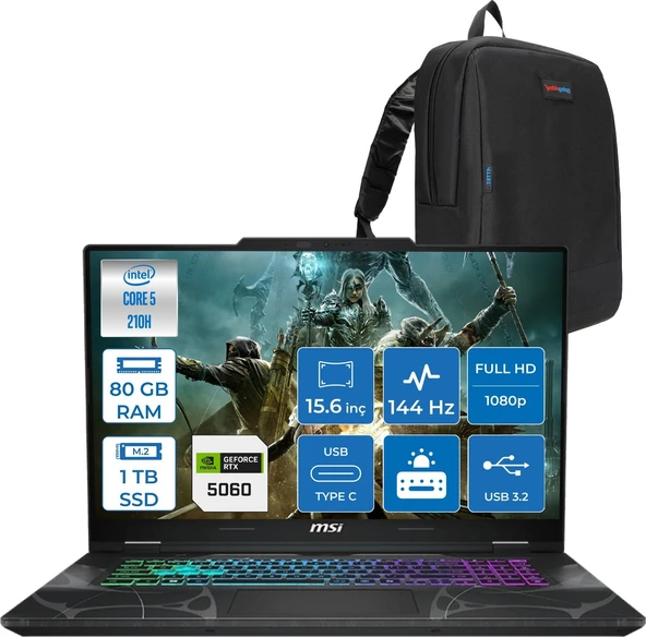 Msı Cyborg 15 Intel Core 5 210H 80GB Ddr5 1tb SSD RTX5060 Gddr7 8gb Freedos 15.6" Fhd (1920X1080) 144HZ Taşınabilir Bilgisayar B2RWFKG207XTRF33 + Zetta Çanta ürün görseli 1