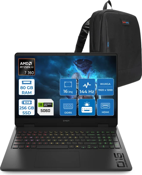 Hp Omen Gaming Laptop Amd Ryzen™ Aı 7 350 80GB Ddr5 256GB SSD 8GB/RTX5060 Gddr7 16" 144 Hz, IPS  300 Nits IPS 2k (1920 x 1200 Freedos Gaming BILG.BL6W4EAF21+ZETTAÇANTA ürün görseli 1