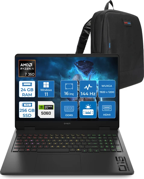 Hp Omen Gaming Laptop Amd Ryzen™ Aı 7 350 24GB Ddr5 256GB SSD 8GB/RTX5060 Gddr7 16" 144 Hz, IPS  300 Nits IPS 2k (1920 x 1200 WIN11HOME Gaming BILG.BL6W4EAH01+ZETTAÇANTA ürün görseli 1
