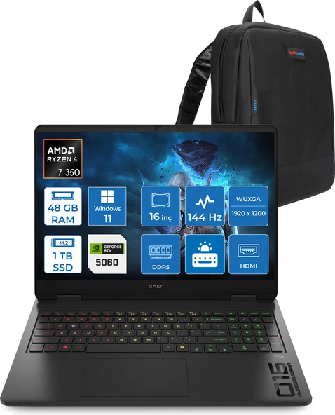 Hp Omen Gaming Laptop Amd Ryzen™ Aı 7 350 48GB Ddr5 1tb SSD 8GB/RTX5060 Gddr7 16" 144 Hz, IPS  300 Nits IPS 2k (1920 x 1200 WIN11HOME Gaming BILG.BL6W4EAH13+ZETTAÇANTA ürün görseli 1