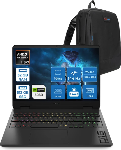 Hp Omen Gaming Laptop Amd Ryzen™ Aı 7 350 32GB Ddr5 512GB SSD 8GB/RTX5060 Gddr7 16" 144 Hz, IPS  300 Nits IPS 2k (1920 x 1200 Freedos Gaming BILG.BL6W4EAF07+ZETTAÇANTA ürün görseli 1