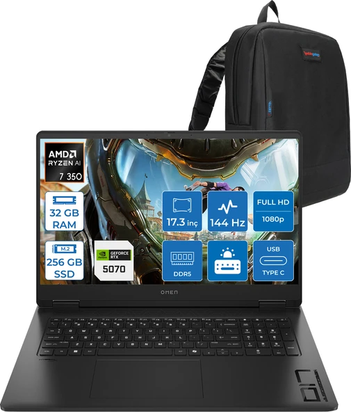 Hp Omen Amd Ryzen™ Aı 7 350 32GB Ddr5 256GB SSD 8GB/RTX5070 Gddr7 17.3 Fhd 144Hz 300NITS IPS 7ms Freedos Taşınabilir Bilgisayar.BQ1Q1EAF06+ZETTAÇANTA ürün görseli 1