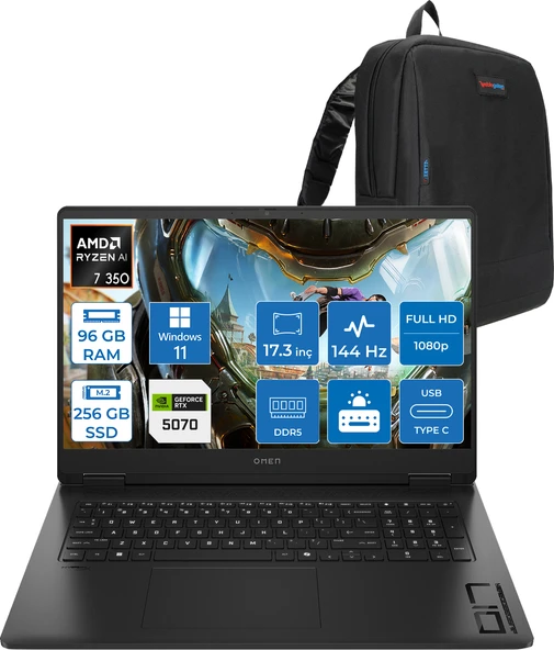 Hp Omen Amd Ryzen™ Aı 7 350 96GB Ddr5 256GB SSD 8GB/RTX5070 Gddr7 17.3 Fhd 144Hz 300NITS IPS 7ms Windows 11 Pro Taşınabilir Bilgisayar.BQ1Q1EAP26+ZETTAÇANTA ürün görseli 1