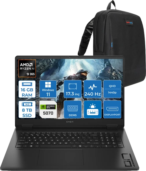Hp Omen 17-DB1000NT Amd Ryzen Aı 9 365 16GB Ddr5 8tb SSD 8GB-RTX5070 Windows 11 Pro 17.3" IPS 240HZ Qhd (2560 x 1440) 300NİT 3ms %100 Srgb Taşınabilir Bilgisayar BV7W3EAP06 + Zetta Çanta ürün görseli 1